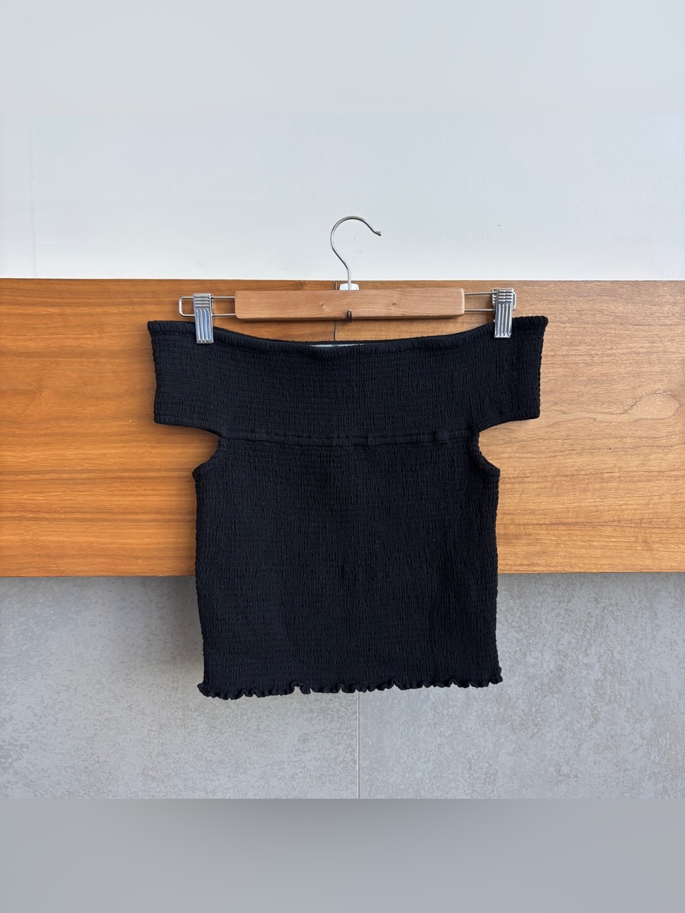 ME + EM Cheesecloth Shirred Bandeau Peplum Top in black, Side 2